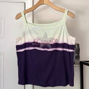 NO LABEL y2k sage purple tie dip dye rhine stone star square cropped tank‎ top
